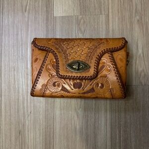 Vintage Tooled Leather Clutch with Turn-Lock Closure
